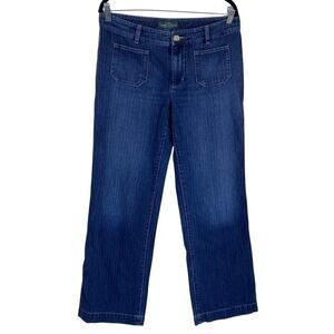 L-Ralph Lauren Sz 10 Y2K Blue Pinstriped Relaxed Wide Leg Jeans Patch Pockets